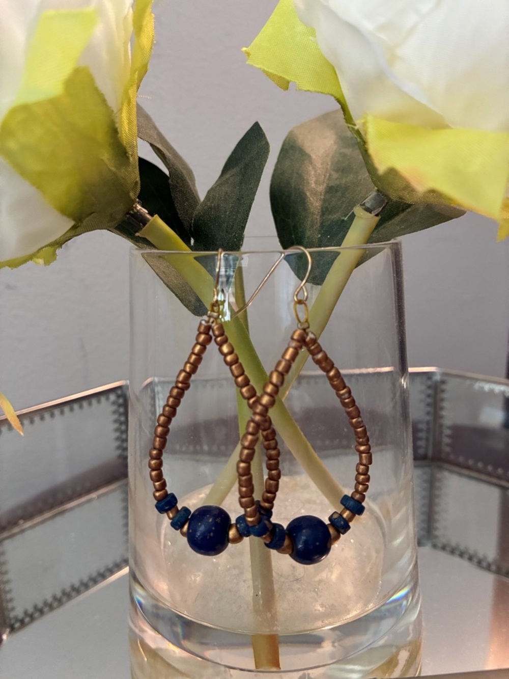 Handcrafted Gold and Navy Bead Teardrop Earrings